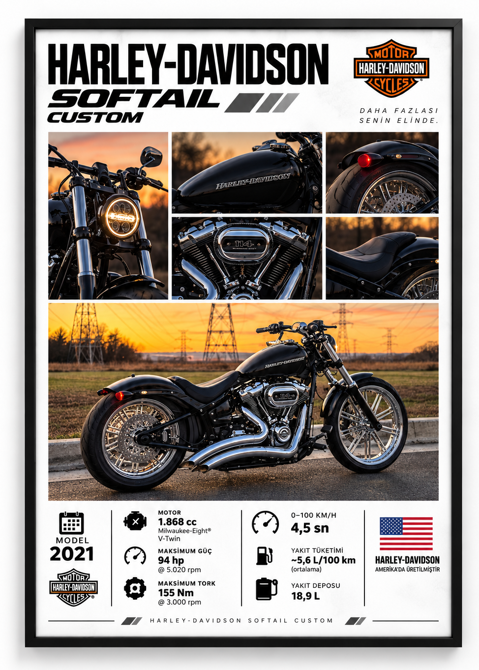 Harley-Davidson Softail Custom Çerçeveli Poster